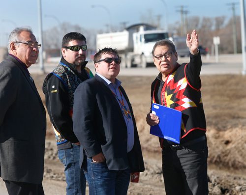 WAYNE GLOWACKI / WINNIPEG FREE PRESS

From right, Brokenhead Ojibway Nation Chief Jim Bear Wednesday by their property along Hwy.59 just north of the Perimeter Hwy. with SCO Grand Chief Jerry Daniels, Councillor Shawn Kent and Elder Garry McLean. Chief Jim Bear is calling upon the provincial government to prevent the interchange project from negatively impacting Brokenhead Ojibway Nations economic development plans on their purchased Treaty Land Entitlement lands.  Bill Redekop story    April 5     2017