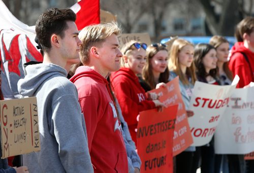 WAYNE GLOWACKI / WINNIPEG FREE PRESS

From left, Kelvin High School students and co-presidents Elijah Dietrich and Thomas Wright at a rally on the Manitoba Legislative grounds Wednesday in support of the Kelvin gym project.  Earlier in the year, Education Minister Ian Wishart cancelled provincial funding for  a new gymnasium at Kelvin High School. Nick Martin story    April 5     2017