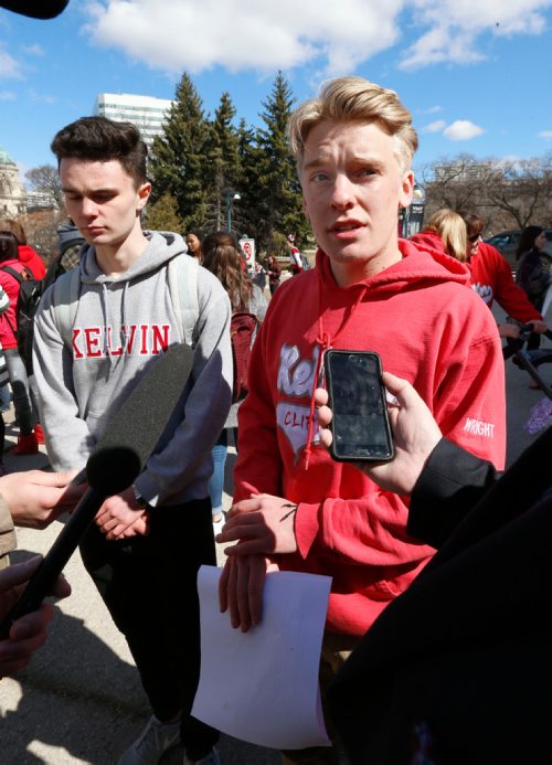WAYNE GLOWACKI / WINNIPEG FREE PRESS

At right, Thomas Wright and Elijah Dietrich  co-student presidents at Kelvin High School speak to media after a rally on the Manitoba Legislative grounds Wednesday in support of the Kelvin gym project.  Earlier in the year, Education Minister Ian Wishart cancelled provincial funding for  a new gymnasium at Kelvin High School. Nick Martin story    April 5     2017