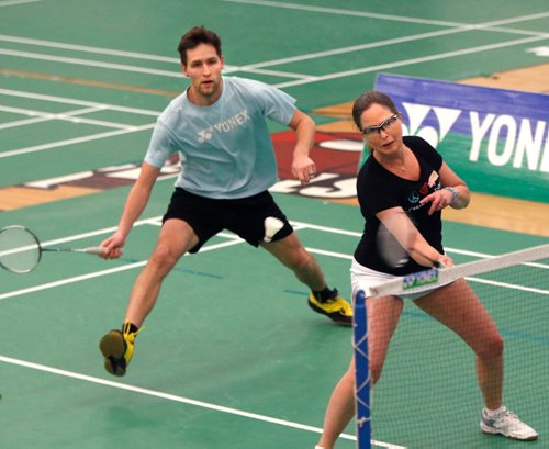 WAYNE GLOWACKI / WINNIPEG FREE PRESS

At left, Ryan Giesbrecht and Kathy Purves were defeated by Jody Patrick and Greg Bury in a quarter final game Wednesday in the 2017 Yonex Canadian Masters Badminton Championship at the Red River Notre Dame Campus. 

 April 5     2017