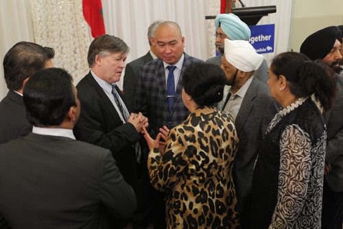 BORIS MINKEVICH / WINNIPEG FREE PRESS
Manitoba Provincial nominee Program announcement at Punjab Cultural Centre, 1770 King Edward Street. Third from the left, Education and Training Minister Ian Wishart talks to people with more questions after the announcement. CAROL SANDERS STORY. April 6, 2017 170406