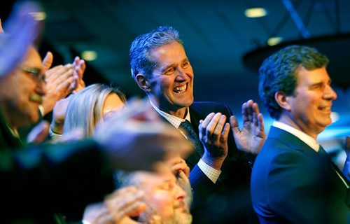 PHIL HOSSACK / WINNIPEG FREE PRESS  -   Premier Brian Pallister applauds as he and his caucus are presented to a packed fundraiser Thursday evening at the Victoria Inn Conference Centre. Alex Paul story.    -  April 6, 2017
