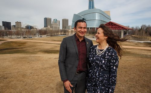 MIKE DEAL / WINNIPEG FREE PRESS
NDP MLA Wab Kinew and his wife Lisa Monkman at The Forks.
170407 - Friday, April 07, 2017.