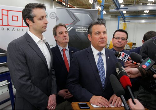 BORIS MINKEVICH / WINNIPEG FREE PRESS
Canadian Free Trade Agreement announcement at Monarch Industries, 51 Burmac Rd. From left, MLA Andrew Smith, MLA Blair Yakimoski, Growth Enterprise and Trade Minister Cliff Cullen, and MLA Jeff Wharton face the media. April 7, 2017 170407