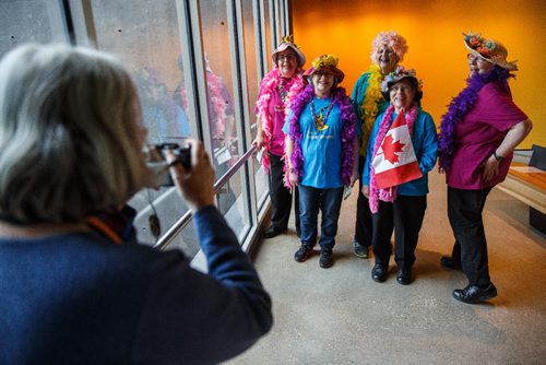 MIKE DEAL / WINNIPEG FREE PRESS
Some Raging Grannies who flew in from Victoria get their photo taken (from left) Patty Moss, Lois Cates, Alison Acker, Freda Knott, Anne Moon.
A new exhibit opened Friday at the Canadian Museum of Human Rights which focuses on the original "gaggle" of Raging Grannies from Victoria, British Columbia. They are celebrating their 30th anniversary this year. A number of Raging Grannies flew in from Victoria to be a the opening of the exhibit. Joined by a few of the Winnipeg chapter they sang songs and paraded through the museum wearing their distinctive colourful shirts, hats, and boas.
170407 - Friday, April 07, 2017.