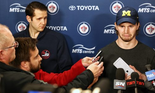 MIKE DEAL / WINNIPEG FREE PRESS
Winnipeg Jets defenceman Jacob Trouba is interviewed by the media the day after the teams last game of the season. 
170409
Sunday, April 09, 2017