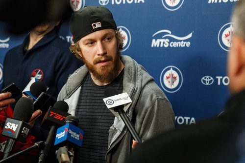 MIKE DEAL / WINNIPEG FREE PRESS
Winnipeg Jets centre Bryan Little is interviewed by the media the day after the teams last game of the season. 170409 - Sunday, April 09, 2017.