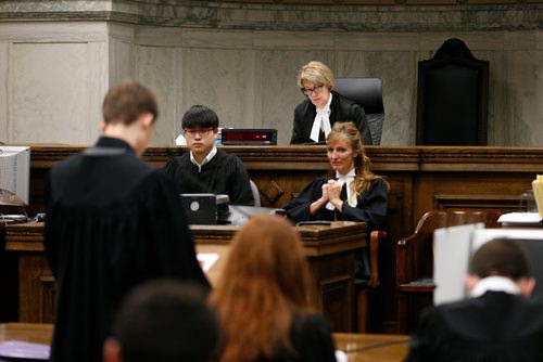 JOHN WOODS / WINNIPEG FREE PRESS
Students from J.H. Bruns partake in a mock court with Court of Appeal Justice Hamilton at the Law Courts in Winnipeg Sunday, April 9, 2017. Law Day 2017 celebrates the Anniversary of the Canadian Charter of Rights and Freedoms, and will feature an Open House at the Law Courts.