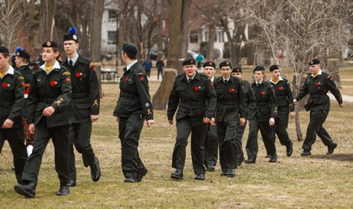 MIKE DEAL / WINNIPEG FREE PRESS
Cadets begin to form up at Vimy Ridge Park before the start of the memorial parade in which approximately 250 cadets marched down Portage Avenue from the 44th Manitoba Battalions Vimy Ridge memorial in Vimy Ridge Park to the Cenotaph on Memorial Boulevard on Sunday afternoon.
170409 - Sunday, April 09, 2017.