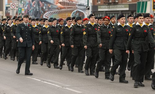 MIKE DEAL / WINNIPEG FREE PRESS
Cadets march the memorial parade in which approximately 250 cadets made their way down Portage Avenue from the 44th Manitoba Battalions Vimy Ridge memorial in Vimy Ridge Park to the Cenotaph on Memorial Boulevard on Sunday afternoon.
170409 - Sunday, April 09, 2017.