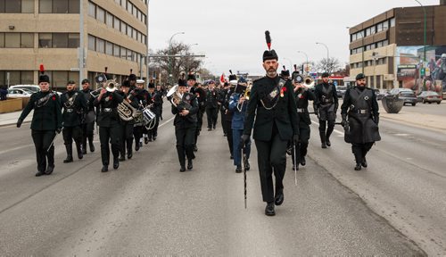 MIKE DEAL / WINNIPEG FREE PRESS
The band of the Royal Winnipeg Rifles leads the memorial parade in which approximately 250 cadets marched down Portage Avenue from the 44th Manitoba Battalions Vimy Ridge memorial in Vimy Ridge Park to the Cenotaph on Memorial Boulevard on Sunday afternoon.
170409 - Sunday, April 09, 2017.
