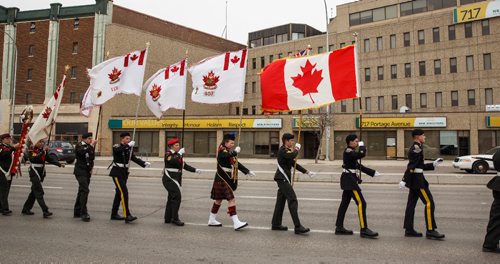 MIKE DEAL / WINNIPEG FREE PRESS
Cadets march the memorial parade in which approximately 250 cadets made their way down Portage Avenue from the 44th Manitoba Battalions Vimy Ridge memorial in Vimy Ridge Park to the Cenotaph on Memorial Boulevard on Sunday afternoon.
170409 - Sunday, April 09, 2017.