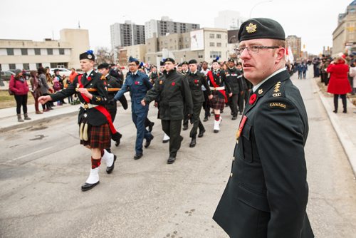 MIKE DEAL / WINNIPEG FREE PRESS
Portage Army Cadets Captain Terrence Henry watches as around 250 cadets march past Cenotaph on Memorial Boulevard during the memorial celebration of the 100th Anniversary of the Battle of Vimy Ridge on Sunday afternoon.
170409 - Sunday, April 09, 2017.