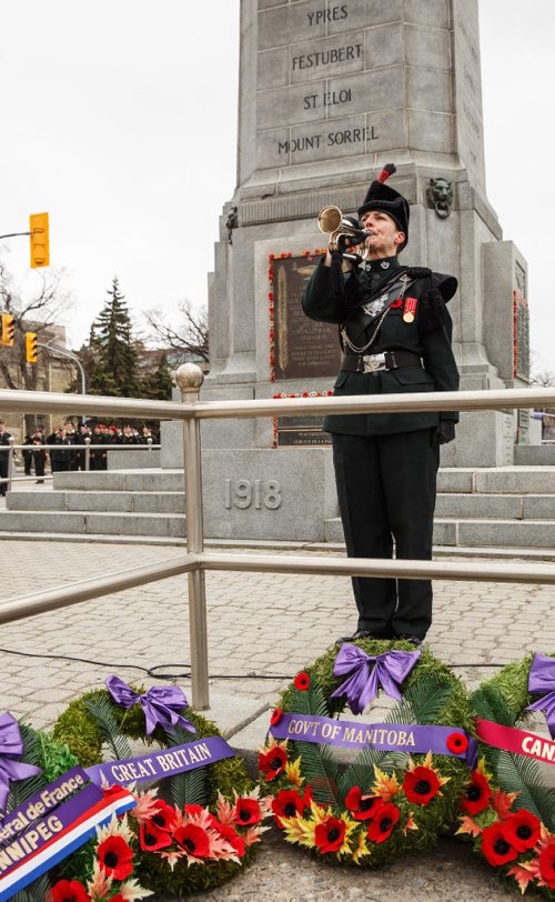 MIKE DEAL / WINNIPEG FREE PRESS
Sergeant Irene Sas of the Winnipeg Rifles Band plays Last Post during the memorial celebration of the 100th Anniversary of the Battle of Vimy Ridge at the memorial cenotaph on Memorial Boulevard on Sunday afternoon.
170409 - Sunday, April 09, 2017.