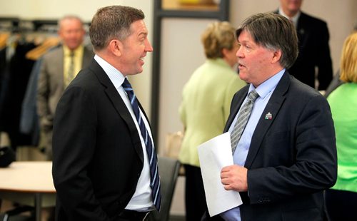 BORIS MINKEVICH / WINNIPEG FREE PRESS
From left, Sheldon Kennedy, founder, Respect Group Inc. and Education and Training Minister Ian Wishart chat before the funding announcement. The event was held at the Educational Resource Centre, Bernie Wolfe Community School, 95 Bournais Dr. in Transcona.  Funding and support for the Respect in School Program. April 10, 2017
