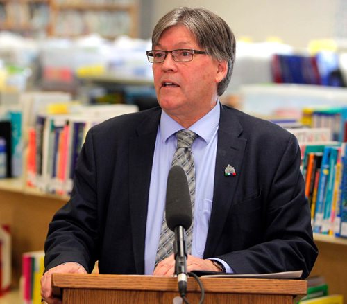 BORIS MINKEVICH / WINNIPEG FREE PRESS
Education and Training Minister Ian Wishart mc's the funding announcement. The event was held at the Educational Resource Centre, Bernie Wolfe Community School, 95 Bournais Dr. in Transcona.  Funding and support for the Respect in School Program. April 10, 2017