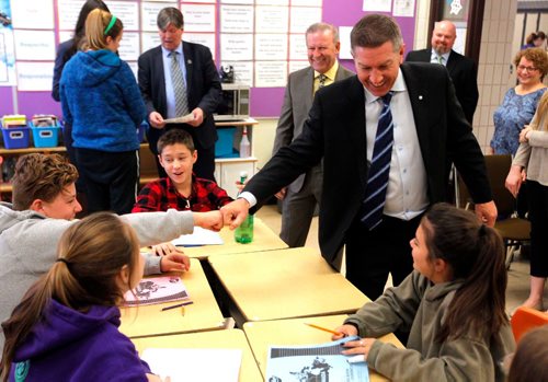 BORIS MINKEVICH / WINNIPEG FREE PRESS
Standing right, Sheldon Kennedy, founder, Respect Group Inc. visits a grade 7 classroom at Bernie Wolfe Community School this morning after Respect in School Program funding announcement. April 10, 2017