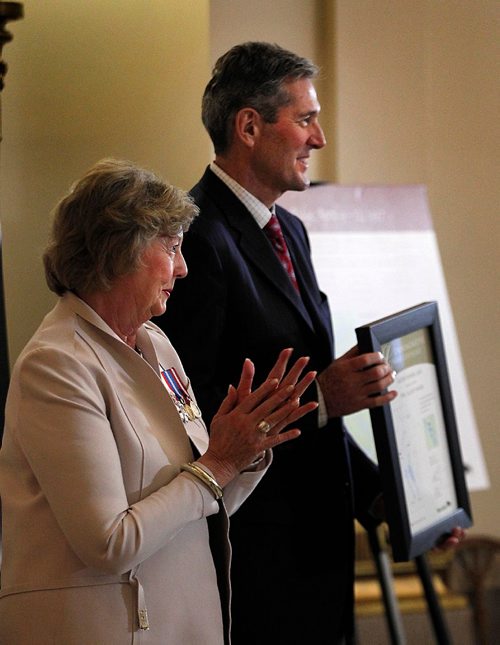 PHIL HOSSACK / WINNIPEG FREE PRESS  -  Her Honor Janice Filman Lt Governor of Manitoba, and Premier Brian Pallister present parchment maps showing Lakes named after fallen verterans. The presentations were made at a Ceremony marking the 100th Anniversary of the Battle of Vimy Ridge honmoring Manitoba veterans of the battle. See story.   -  April10, 2017