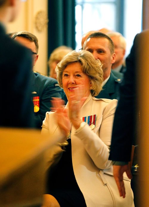 PHIL HOSSACK / WINNIPEG FREE PRESS  -  Hon. Janice Filman applauds a boys choir at a Ceremony marking the 100th Anniversary of the Battle of Vimy Ridge honoring Manitoba veterans of the battle. See story.   -  April10, 2017