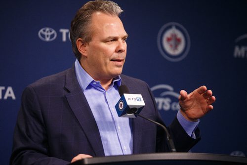 MIKE DEAL / WINNIPEG FREE PRESS
Winnipeg Jets' General Manager Kevin Cheveldayoff talks about the season and what he is looking forward to next season during his last press conference of the 2016-2017 season.
170410 - Monday, April 10, 2017.