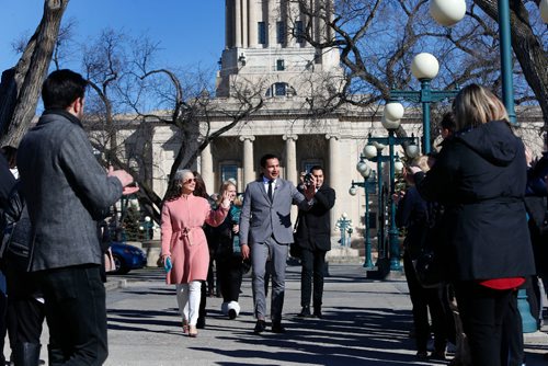 WAYNE GLOWACKI / WINNIPEG FREE PRESS

Wab Kinew along with Nahanni Fontaine, NDP MLA at left with family and supporters arrives to announce his candidacy for leader of the Manitoba New Democratic Party Monday morning.¤Larry Kusch / Nick Martin stories    April 10     2017