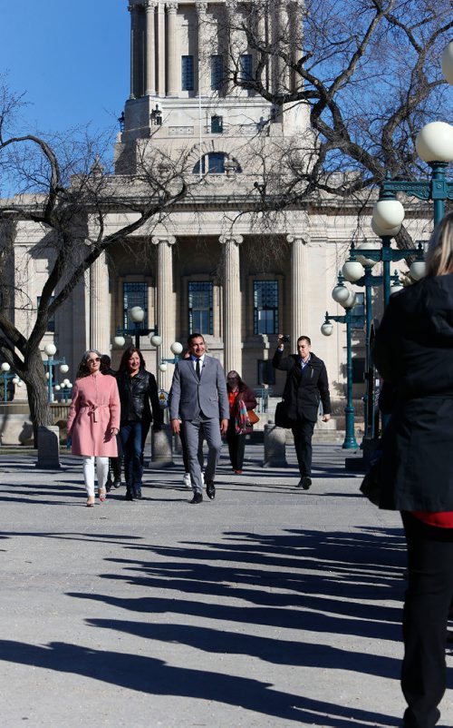 WAYNE GLOWACKI / WINNIPEG FREE PRESS
Wab Kinew along with Nahanni Fontaine, NDP MLA at far left with family and supporters arrives to announce his candidacy for leader of the Manitoba New Democratic Party Monday morning.¤Larry Kusch / Nick Martin stories April 10 2017