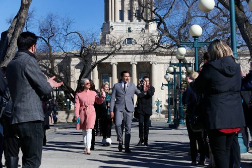 WAYNE GLOWACKI / WINNIPEG FREE PRESS

Wab Kinew along with Nahanni Fontaine, NDP MLA at left with family and supporters arrives to announce his candidacy for leader of the Manitoba New Democratic Party Monday morning.¤Larry Kusch / Nick Martin stories    April 10     2017