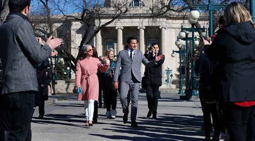 WAYNE GLOWACKI / WINNIPEG FREE PRESS
Wab Kinew along with Nahanni Fontaine,NDP MLA at left with family and supporters arrives to announce his candidacy for leader of the Manitoba New Democratic Party Monday morning.¤Larry Kusch / Nick Martin stories April 10 2017