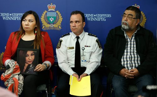 WAYNE GLOWACKI / WINNIPEG FREE PRESS

From left, MKO Grand Chief Sheila North Wilson with photo of Christine, Police Chief Danny Smyth and Chief Timothy Muskego of the Bunibonibee Cree Nation (Oxford House)  at the Christine Wood homicide news conference Monday.¤ Kevin Rollason story    April 10     2017