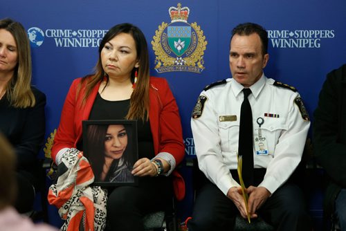 WAYNE GLOWACKI / WINNIPEG FREE PRESS

MKO Grand Chief Sheila North Wilson with photo of Christine and  Police Chief Danny Smyth at the Christine Wood homicide news conference Monday.¤ Kevin Rollason story    April 10     2017