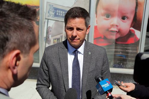 BORIS MINKEVICH / WINNIPEG FREE PRESS
Cheque Presentation -  2017 State of the City Proceeds go to the Bear Clan Patrol. Event happened at North End Business Development Centre, 607 Selkirk Avenue. Mayor Brian Bowman talks to the media after the event. April 10, 2017