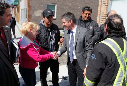 BORIS MINKEVICH / WINNIPEG FREE PRESS
Cheque Presentation -  2017 State of the City Proceeds go to the Bear Clan Patrol. Event happened at North End Business Development Centre, 607 Selkirk Avenue. Mayor Brian Bowman meets some of the Bear Clan Patrol at the event. April 10, 2017