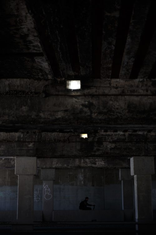 MIKE DEAL / WINNIPEG FREE PRESS
Manitoba Hydro recently replaced the lightbulbs in the fixtures underneath the Higgins underpass in an attempt to increase the ambient light which has been very low and has raised safety concerns for pedestrians. 
170410 - Monday, April 10, 2017.