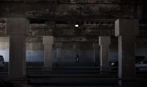 MIKE DEAL / WINNIPEG FREE PRESS
Manitoba Hydro recently replaced the lightbulbs in the fixtures underneath the Higgins underpass in an attempt to increase the ambient light which has been very low and has raised safety concerns for pedestrians. 
170410 - Monday, April 10, 2017.