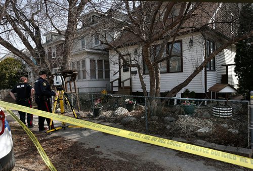 WAYNE GLOWACKI / WINNIPEG FREE PRESS

Winnipeg Police at the taped off scene in 400 block of Camden Place Tuesday morning. On April 10, at approximately 3:10 a.m., Winnipeg Police responded to a call and located a female in her fifties suffering from serious upper body injuries. The victim was pronounced deceased at the scene. The house at right is 495 Camden Place.  Bill Redekop story April 11     2017