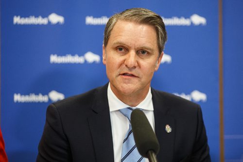 MIKE DEAL / WINNIPEG FREE PRESS
Government of Manitoba Finance Minister Cameron Friesen, flanked by Janice McKinnon (left) and Dave Angus (right) who are co-chairs of the advisory panel on fiscal performance, during his presentation of the 2017-2018 budget to the media.
170411 - Tuesday, April 11, 2017.