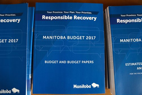 MIKE DEAL / WINNIPEG FREE PRESS
The cover of the provincial budget for 2017. 
170411 - Tuesday, April 11, 2017.