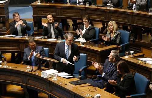 WAYNE GLOWACKI / WINNIPEG FREE PRESS

Finance Minister Cameron Friesen stands to deliver the budget in the Manitoba Legislature Tuesday.¤Larry Kusch/ Nick Martin stories  April 11     2017