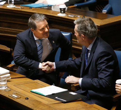 WAYNE GLOWACKI / WINNIPEG FREE PRESS

At left, Finance Minister Cameron Friesen with Premier Brian Pallister before the Minister delivered the budget in the Manitoba Legislature Tuesday.
Larry Kusch/ Nick Martin stories  April 11     2017
