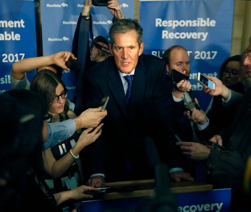 WAYNE GLOWACKI / WINNIPEG FREE PRESS

Premier Brian Pallister with media after the budget was delivered in the Manitoba Legislature Tuesday.¤
Larry Kusch/ Nick Martin stories  April 11     2017