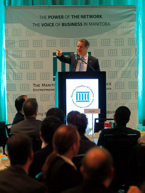 BORIS MINKEVICH / WINNIPEG FREE PRESS
Manitoba Finance Minister Cameron Friesen talks about the budget at a Manitoba Chambers of Commerce breakfast at The Fairmont Hotel. MBiz breakfast series. April 12, 2017