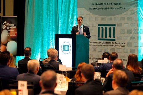 BORIS MINKEVICH / WINNIPEG FREE PRESS
Manitoba Finance Minister Cameron Friesen talks about the budget at a Manitoba Chambers of Commerce breakfast at The Fairmont Hotel. MBiz breakfast series. April 12, 2017