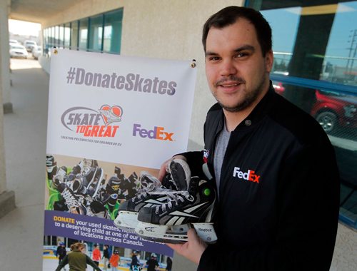 BORIS MINKEVICH / WINNIPEG FREE PRESS
Skate To Great co-founder Evan Kosiner poses at FedEx Express, 1950 Sargent Avenue. For Mike Sawatzky story. April 12, 2017