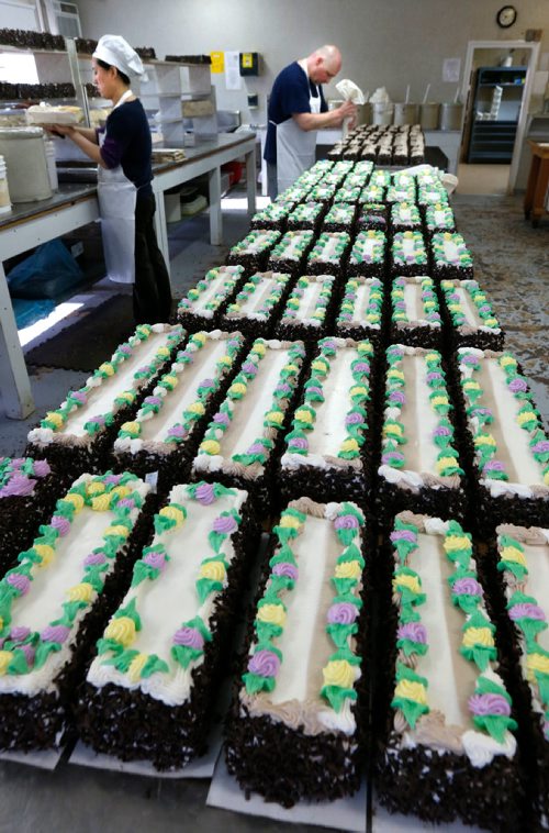 WAYNE GLOWACKI / WINNIPEG FREE PRESS

Sunday This City. The cake production line at  Jeanne's Bakery. In back is  Davian Penner, manager and part owner with Li Pan at left. Dave Sanderson  story April 12     2017
