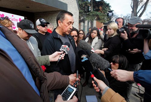PHIL HOSSACK / WINNIPEG FREE PRESS  - George Wood, murder victim Christine Wood's father talks to a media scrum before beginning a march from near the scene of her murder on Burrows ave to Thunderbird House Wednesday. ....See Carol's story.  -  April 12, 2017