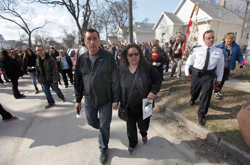 PHIL HOSSACK / WINNIPEG FREE PRESS  - George and Melinda Wood lead a march of hundreds of supporters near the scene of her murder on Burrows ave during a vigil and march to Thunderbird House Wednesday. Winnipeg City Police Chief Danny Smyth walks with them in a show of support.....See Carol's story.  -  April 12, 2017