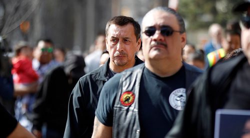 PHIL HOSSACK / WINNIPEG FREE PRESS  - George Wood leads a march near the scene of his daughter Christine's murder wednesday afternoon.. ....See Carol's story.  -  April 12, 2017