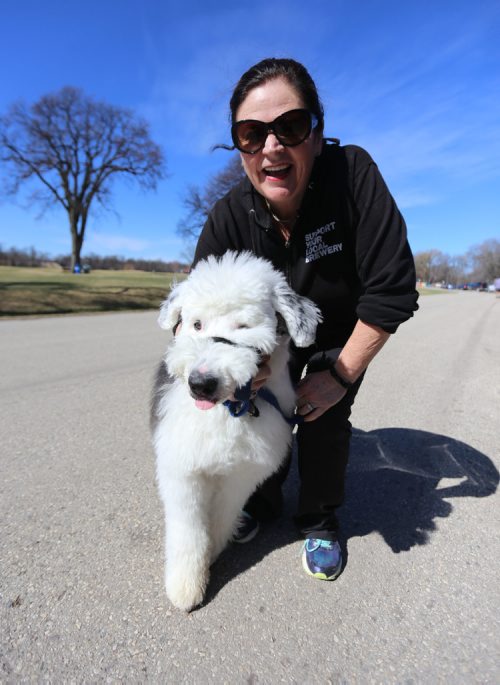 TREVOR HAGAN / WINNIPEG FREE PRESS
Barb and her dog, Albert in Assiniboine Park, during a streeter about legalization of pot in Canada, Saturday, April 15, 2017. 
