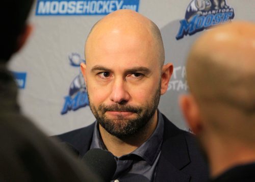 BORIS MINKEVICH / WINNIPEG FREE PRESS
Manitoba Moose head coach Pascal Vincent talks to the media at MTS Iceplex this morning. Mike McIntyre story. April 17, 2017