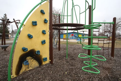 WAYNE GLOWACKI / WINNIPEG FREE PRESS

Fire damage to the play structure in the playground at the corner of Pascoe Ave. and Jordan St.   Aldo Santin  story April 17 2017